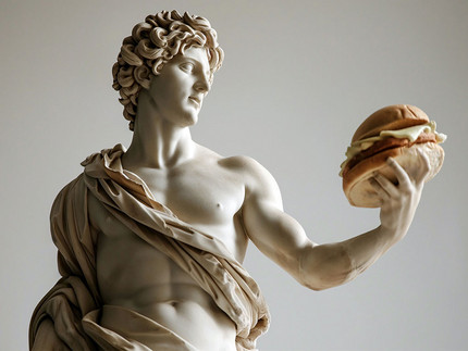 Antike griechische Götterskulptur hält einen Burger.