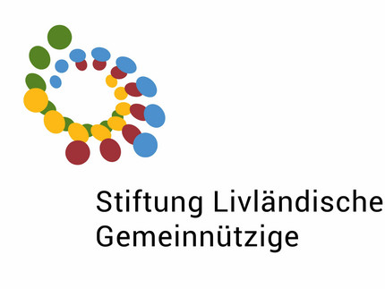 Das Logo der Stiftung Livländische Gemmeinnützige. Es ist eine Spirale aus vielfarbigen Punkten schräg über den Worten "Stiftung Livländische Gemeinnützige".