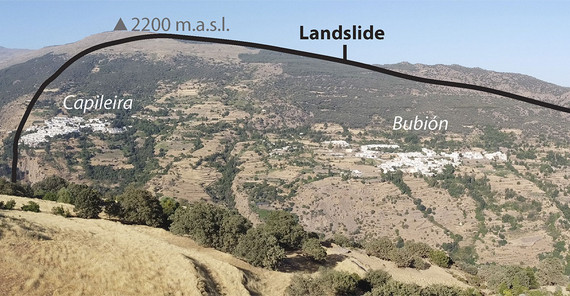 Villages on a slow-moving landslide in the Poqueira Valley, Spain.