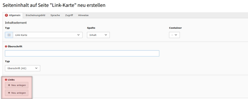 Klicken Sie auf „Neu anlegen“ und geben Sie den erforderlichen Linktext und die URL ein. Klicken Sie auf „Neu anlegen“ und geben Sie den erforderlichen Linktext und die URL ein.