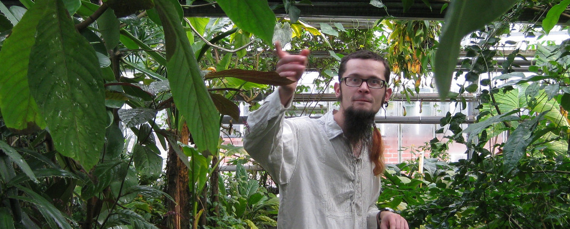 Steffen Ramm zeigt im Tropenhaus auf epiphytische Pflanzen