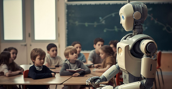 Schulklasse mit einem humanoiden Roboter im Unterricht