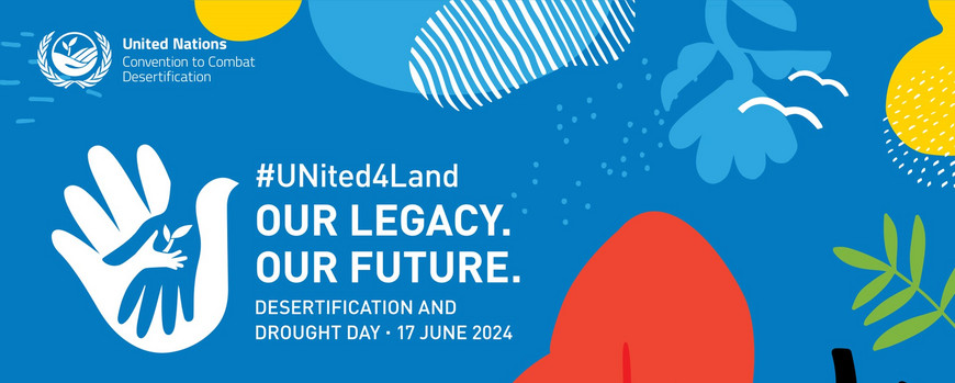 Banner for Desertification and Drought Day 2024, with a blue background and colorful trees and plants, as well as the logos of the organizers