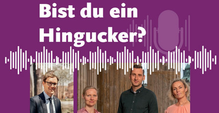 "Bist du ein Hingucker?" dies steht in weißer Schrift auf violetten Grund. Dazu sind Tonspuren abgebildet und die Gesichter von dem Universitätskanzler Hendrik Woithe, Schwerbehindertenvertretung Katrin Völker, Inklusionsbeauftragte Annette Guzmán und Robert Meile.