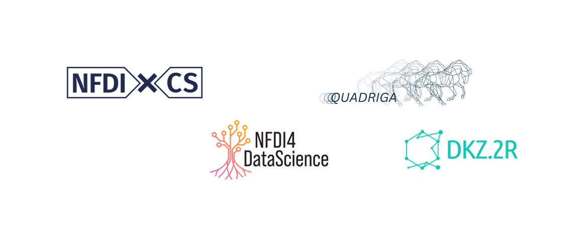 Logos der Projekte NFDIxCS, NFDI4DataScience, QUADRIGA und DKZ.2R