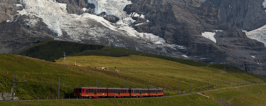 Zug fährt durch Bergtal.