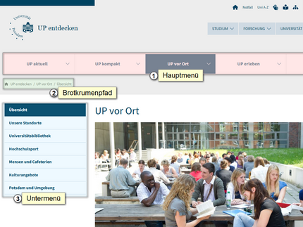 Ein Überblick der Menüs des Inhaltsbereichs einer Webseite. Das Bild zeigt die unterschiedlichen Navigationstypen der Webseite, die im Text daneben erläutert werden.