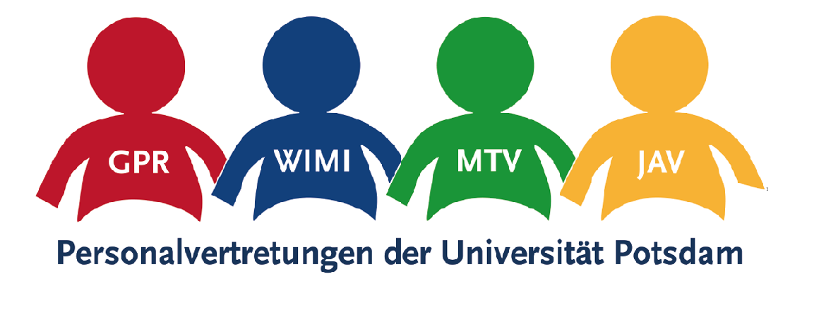 Logo der Personalräte, 4 Männchen in den Farben rot für GPR, blau für WiMi, grün für MTV und gelb für JAV