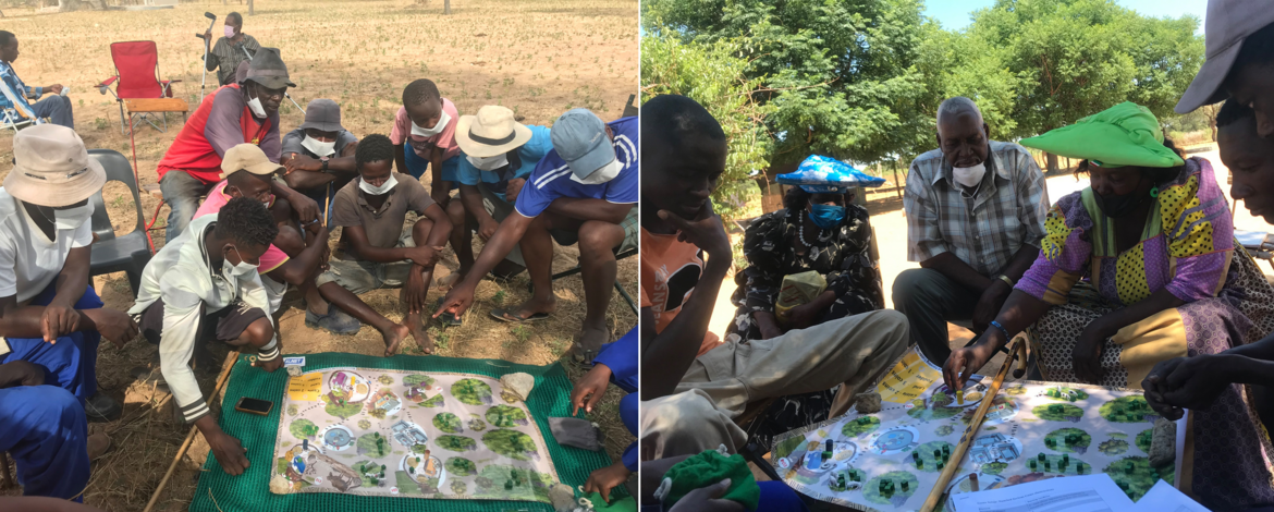 A group of communal farmers in the process of playing a boardgame on the strategic use of natural resources