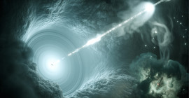 Artistic depiction of the active galaxy core. The supermassive black hole at the center of the accretion disk sends an energized, sharply focused particle beam vertically into space. Graphic: DESY Science Communication Lab.
