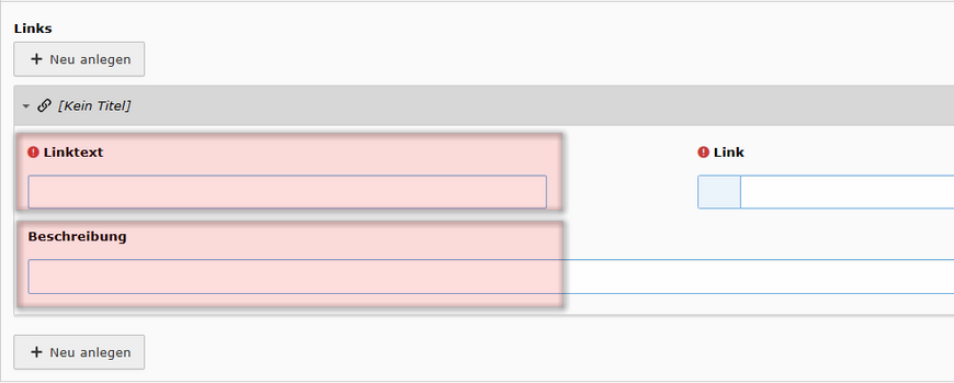 Geben Sie den erforderlichen Linktext und die URL sowie optional eine Beschreibung ein. Geben Sie den erforderlichen Linktext und die URL ein. Optional können Sie eine Beschreibung für jeden Link hinzufügen.
