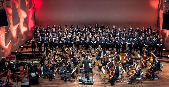 Blick auf ein Orchester in einem Konzertsaal